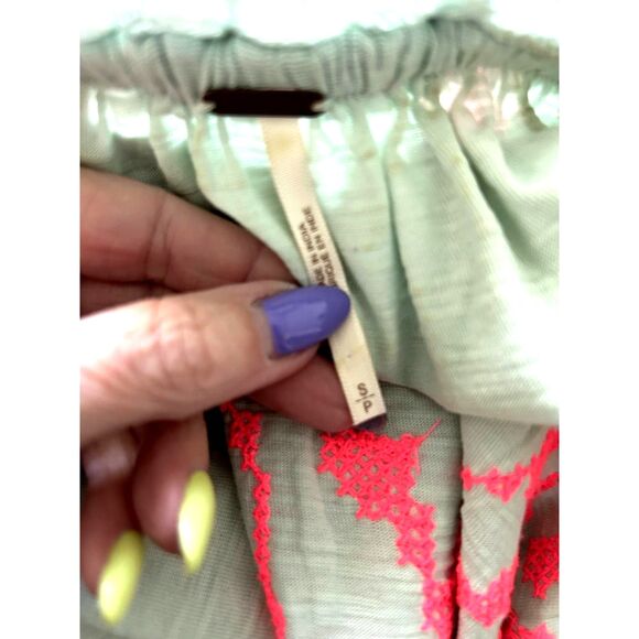 Free People Woven Embroidered Bohemian Style Blouse Mint Green Coral Size S - Picture 7 of 7